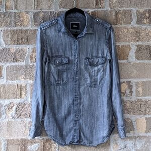 Rails Alexandra Chambray Distressed Grey Denim Shirt Button Long Sleeve XS